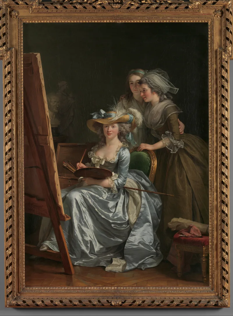 Adélaïde Labille-Guiard se retrata ante su caballete, con la paleta y los pinceles, acompañada de sus dos alumnas.