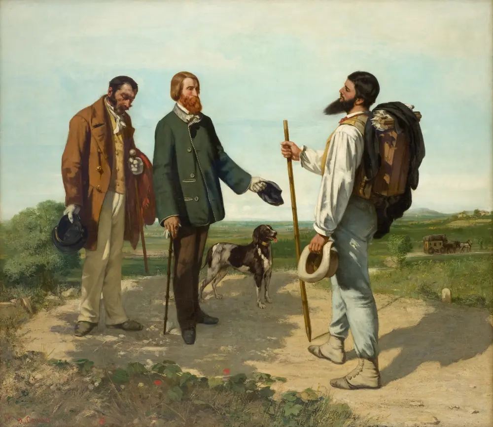 Courbet, con su equipo de pintor a la espalda, saluda a dos hombres en un camino.